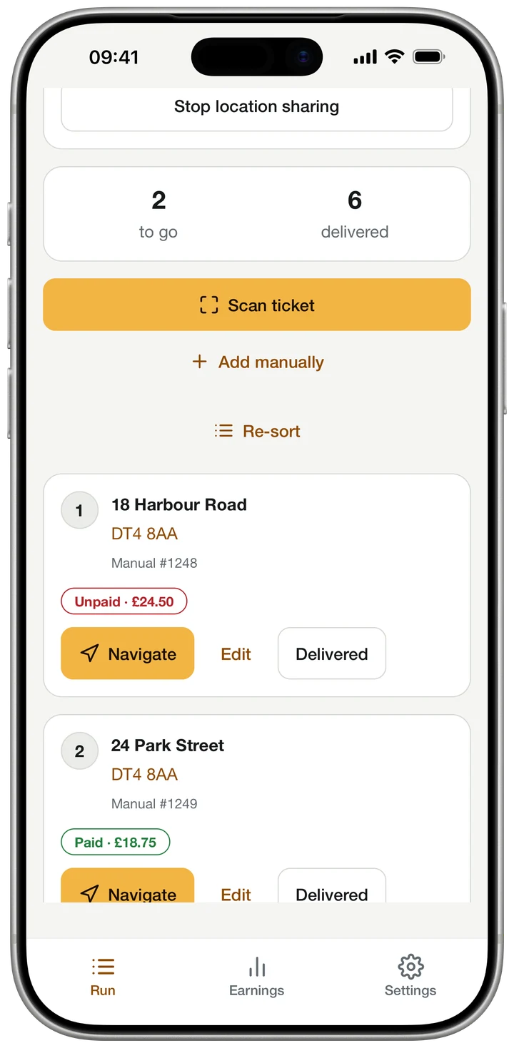 The driver's run, showing ticket scanning, the next delivery address and navigation controls.