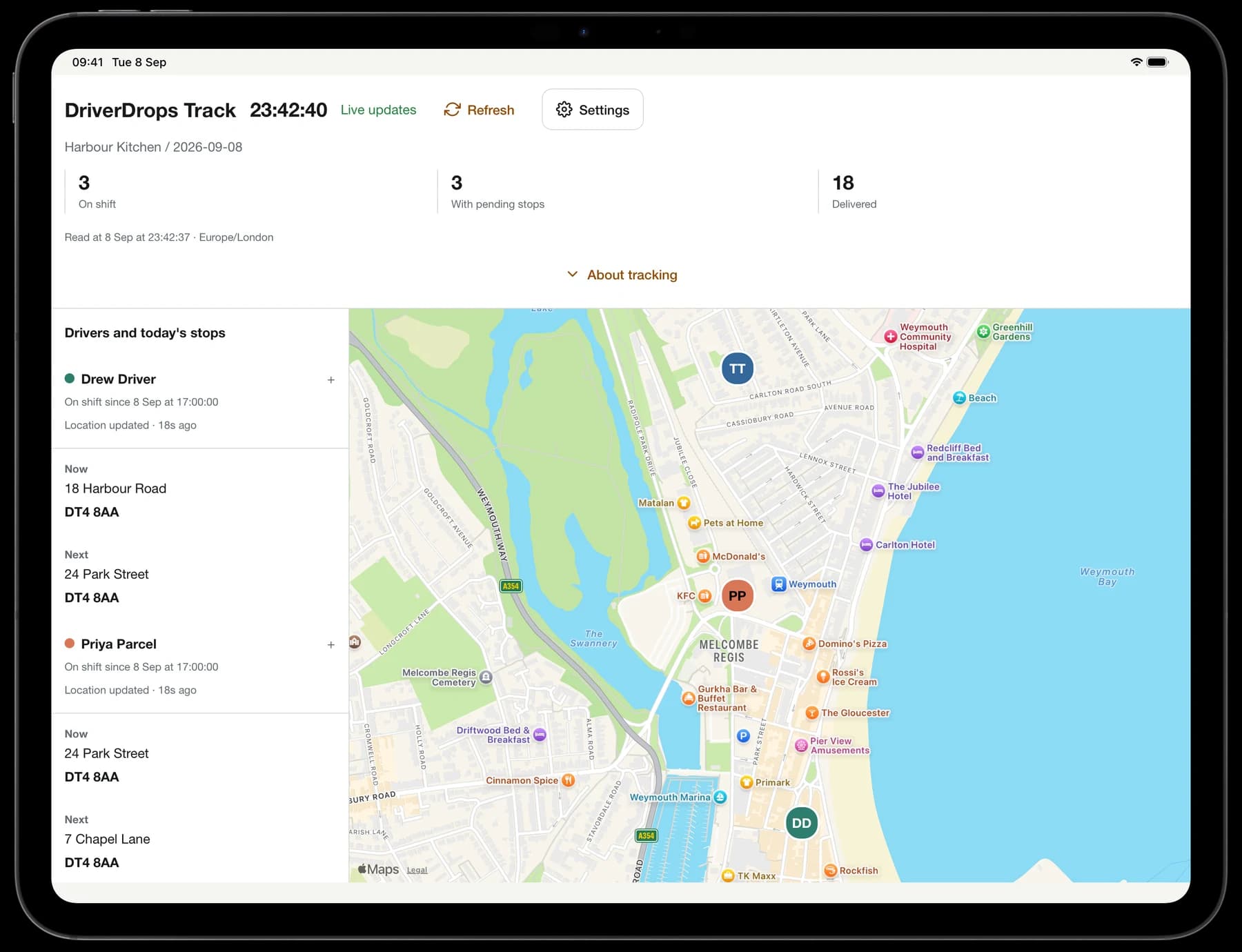 DriverDrops on iPad, with a restaurant map and a list of on-shift drivers and their pending deliveries.