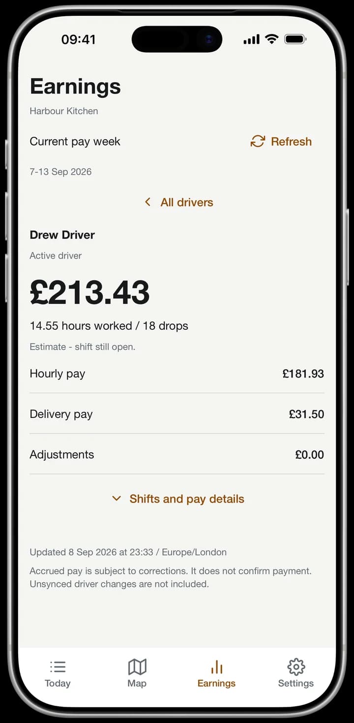 The owner earnings view, showing a driver's accrued hourly pay and delivery pay for the current pay week.