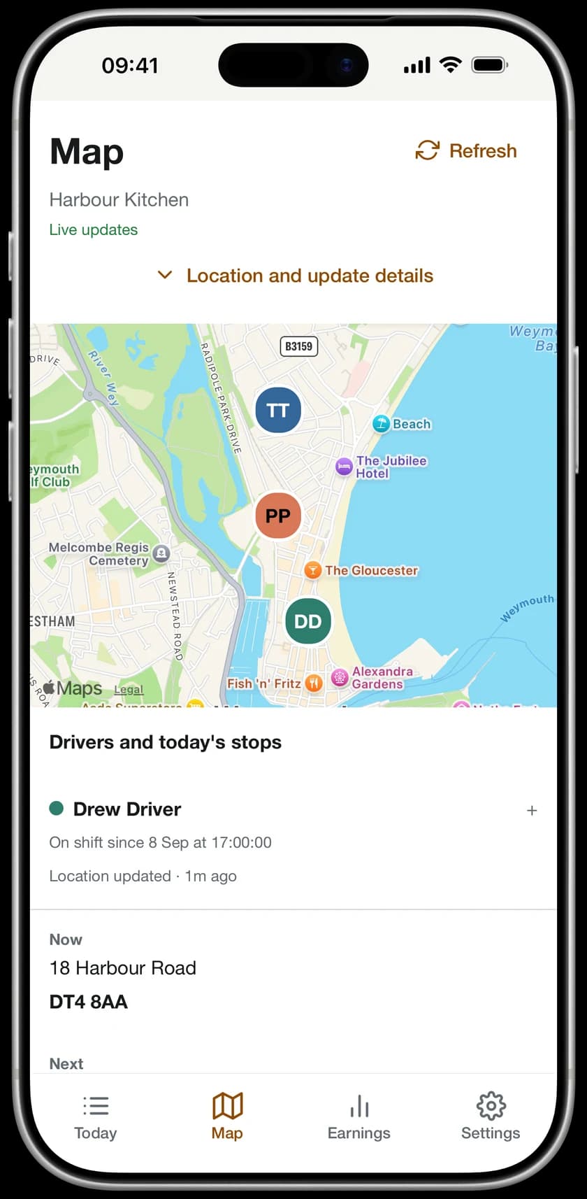 The DriverDrops owner map showing three drivers' shared locations and their next stops.